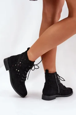 Discount Sznurowane Botki Z Ażurowym Wzorem S.Barski HY51-136 Czarne Damskie Botki Ażurowe|Brązowe I Beżowe Botki