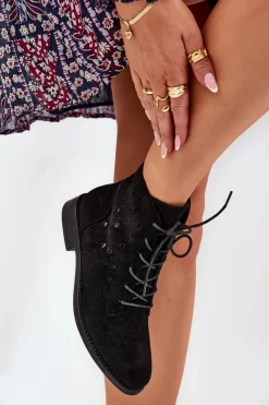 Discount Sznurowane Botki Z Ażurowym Wzorem S.Barski HY51-136 Czarne Damskie Botki Ażurowe|Brązowe I Beżowe Botki