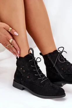 Discount Sznurowane Botki Z Ażurowym Wzorem S.Barski HY51-136 Czarne Damskie Botki Ażurowe|Brązowe I Beżowe Botki