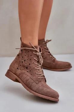 Botki Ażurowe|Brązowe I Beżowe Botki>Damskie buty S.Barski Sznurowane Botki Z Ażurowym Wzorem S.Barski HY51-136 Brązowe Brązowy