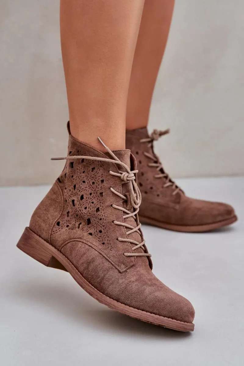 Botki Ażurowe|Brązowe I Beżowe Botki>Damskie buty S.Barski Sznurowane Botki Z Ażurowym Wzorem S.Barski HY51-136 Brązowe Brązowy