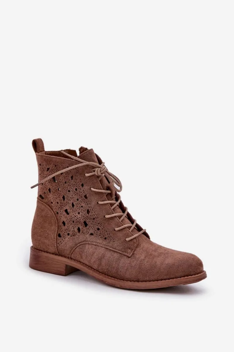 Botki Ażurowe|Brązowe I Beżowe Botki>Damskie buty S.Barski Sznurowane Botki Z Ażurowym Wzorem S.Barski HY51-136 Brązowe Brązowy