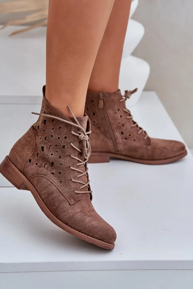 Botki Ażurowe|Brązowe I Beżowe Botki>Damskie buty S.Barski Sznurowane Botki Z Ażurowym Wzorem S.Barski HY51-136 Brązowe Brązowy