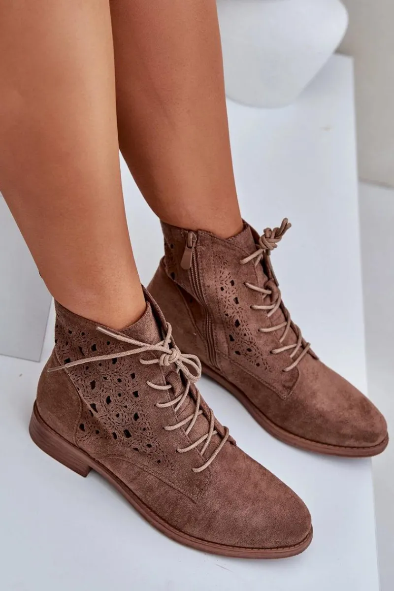 Botki Ażurowe|Brązowe I Beżowe Botki>Damskie buty S.Barski Sznurowane Botki Z Ażurowym Wzorem S.Barski HY51-136 Brązowe Brązowy