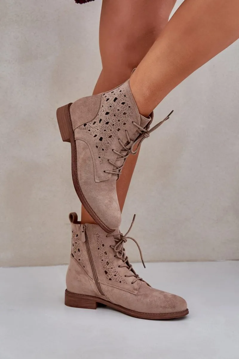Damskie buty S.Barski Sznurowane Botki Z Ażurowym Wzorem S.Barski HY51-136 Beżowe Beżowy