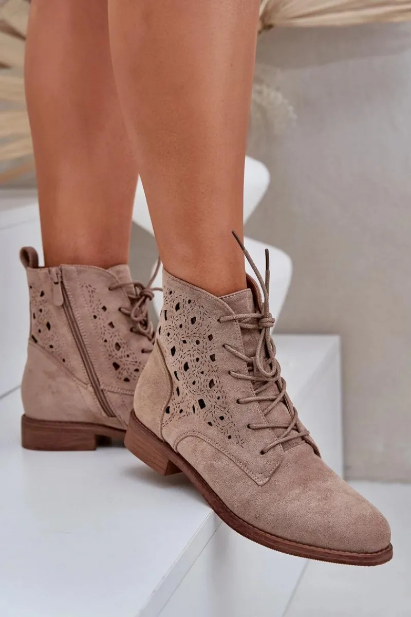 Damskie buty S.Barski Sznurowane Botki Z Ażurowym Wzorem S.Barski HY51-136 Beżowe Beżowy