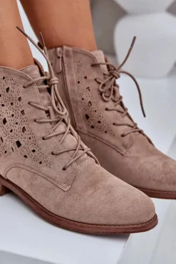 Damskie buty S.Barski Sznurowane Botki Z Ażurowym Wzorem S.Barski HY51-136 Beżowe Beżowy