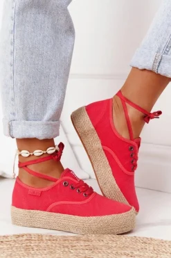 Online Big Star Shoes Sznurowane Espadryle Na Plecionej Platformie Big Star FF274141 Czerwone