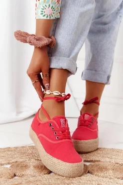 Online Big Star Shoes Sznurowane Espadryle Na Plecionej Platformie Big Star FF274141 Czerwone