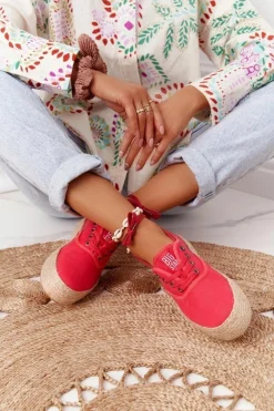 Online Big Star Shoes Sznurowane Espadryle Na Plecionej Platformie Big Star FF274141 Czerwone