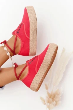 Online Big Star Shoes Sznurowane Espadryle Na Plecionej Platformie Big Star FF274141 Czerwone