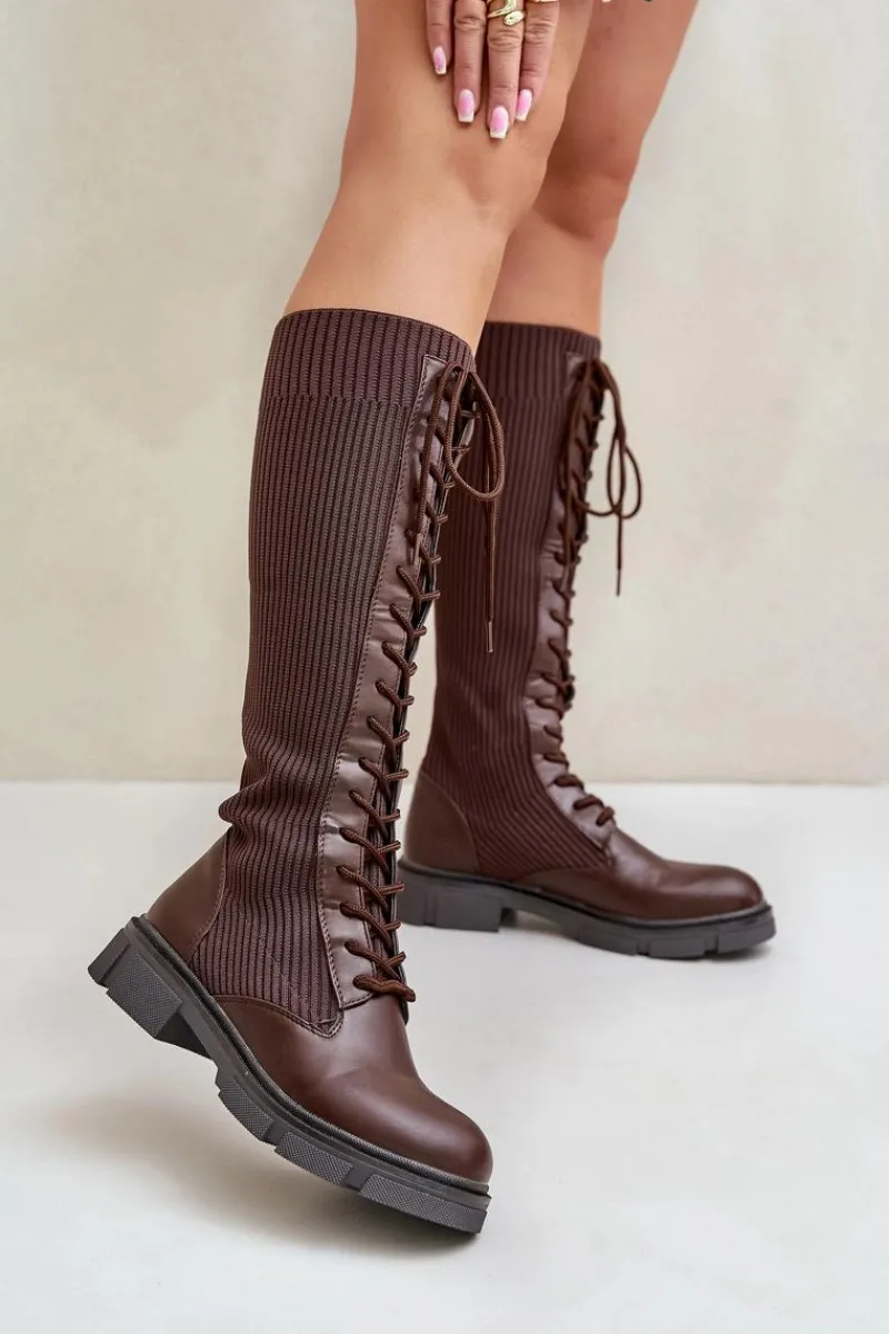 Outlet Boto Sznurowane Kozaki Z Elastyczną Cholewką Brązowe Vamilena