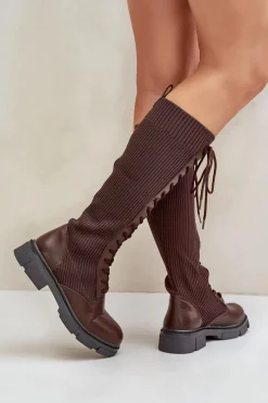 Outlet Boto Sznurowane Kozaki Z Elastyczną Cholewką Brązowe Vamilena