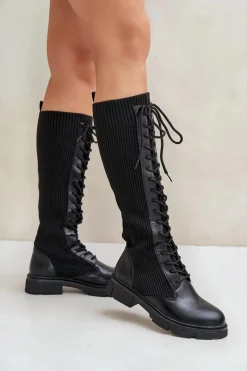 Clearance Sznurowane Kozaki Z Elastyczną Cholewką Czarne Vamilena Damskie Kozaki Ocieplane|Kozaki Wiosenne