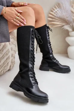 Clearance Sznurowane Kozaki Z Elastyczną Cholewką Czarne Vamilena Damskie Kozaki Ocieplane|Kozaki Wiosenne
