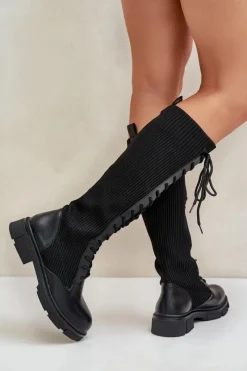 Clearance Sznurowane Kozaki Z Elastyczną Cholewką Czarne Vamilena Damskie Kozaki Ocieplane|Kozaki Wiosenne