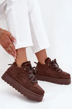 Sale Boto Sznurowane Śniegowce Damskie Na Platformie Ocieplane Futerkiem Brązowe Tavelle