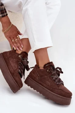 Sale Boto Sznurowane Śniegowce Damskie Na Platformie Ocieplane Futerkiem Brązowe Tavelle
