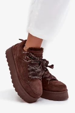 Sale Boto Sznurowane Śniegowce Damskie Na Platformie Ocieplane Futerkiem Brązowe Tavelle