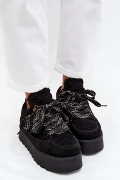 Clearance Sznurowane Śniegowce Damskie Na Platformie Ocieplane Futerkiem Czarne Tavelle Damskie Śniegowce Damskie