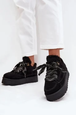 Clearance Sznurowane Śniegowce Damskie Na Platformie Ocieplane Futerkiem Czarne Tavelle Damskie Śniegowce Damskie