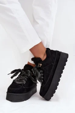 Clearance Sznurowane Śniegowce Damskie Na Platformie Ocieplane Futerkiem Czarne Tavelle Damskie Śniegowce Damskie