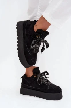 Clearance Sznurowane Śniegowce Damskie Na Platformie Ocieplane Futerkiem Czarne Tavelle Damskie Śniegowce Damskie
