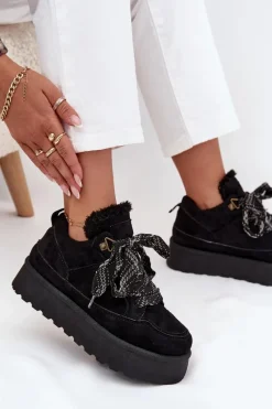 Clearance Sznurowane Śniegowce Damskie Na Platformie Ocieplane Futerkiem Czarne Tavelle Damskie Śniegowce Damskie