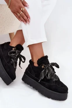 Clearance Sznurowane Śniegowce Damskie Na Platformie Ocieplane Futerkiem Czarne Tavelle Damskie Śniegowce Damskie