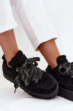 Clearance Sznurowane Śniegowce Damskie Na Platformie Ocieplane Futerkiem Czarne Tavelle Damskie Śniegowce Damskie