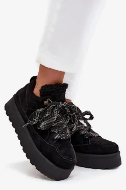 Clearance Sznurowane Śniegowce Damskie Na Platformie Ocieplane Futerkiem Czarne Tavelle Damskie Śniegowce Damskie