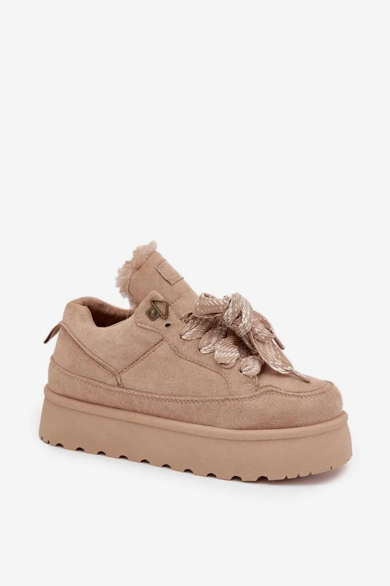 Śniegowce Damskie>Boto Sznurowane Śniegowce Damskie Na Platformie Ocieplane Futerkiem Beżowe Tavelle