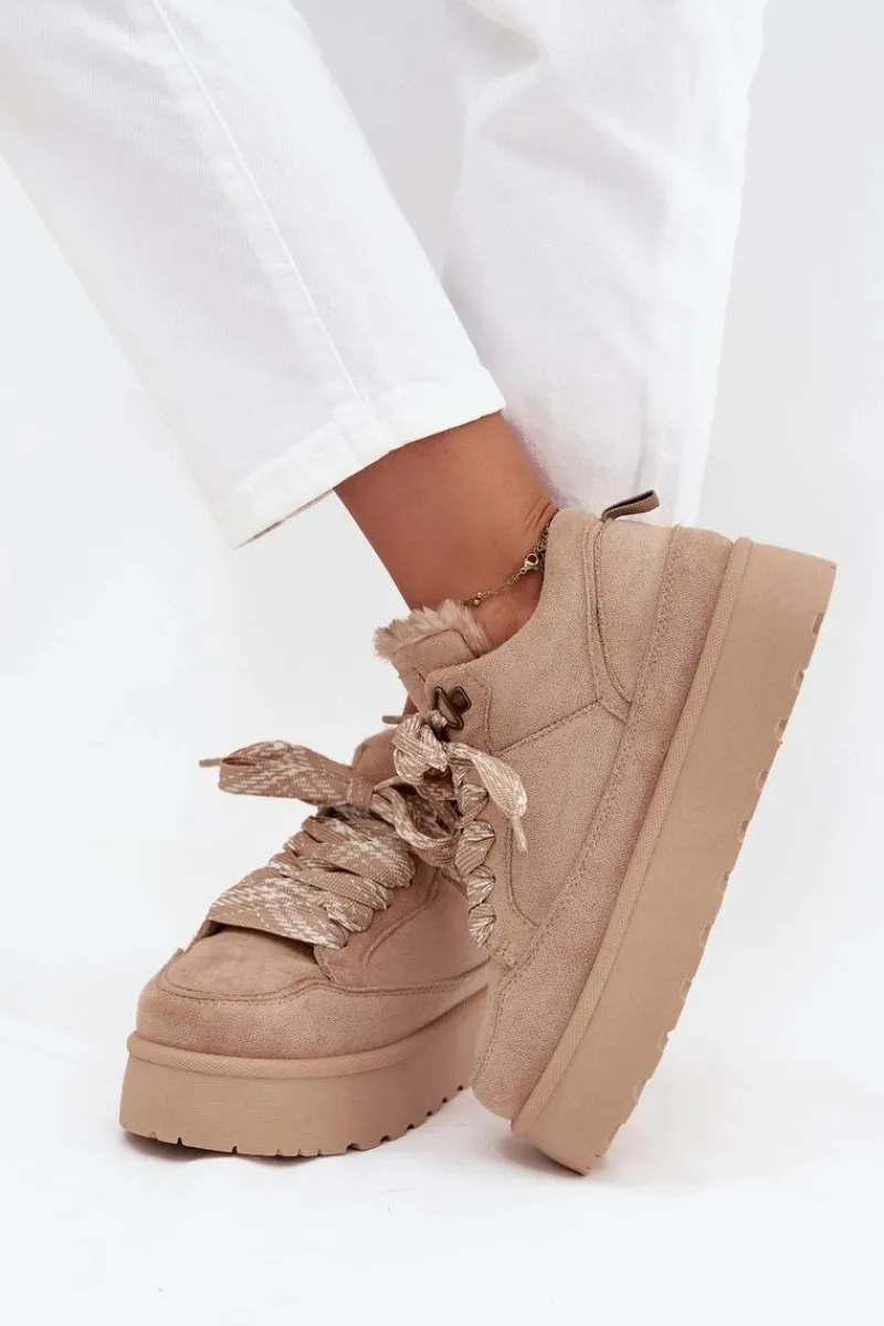 Śniegowce Damskie>Boto Sznurowane Śniegowce Damskie Na Platformie Ocieplane Futerkiem Beżowe Tavelle