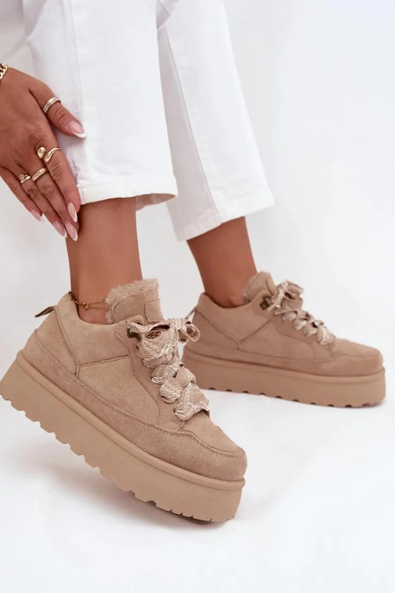 Śniegowce Damskie>Boto Sznurowane Śniegowce Damskie Na Platformie Ocieplane Futerkiem Beżowe Tavelle