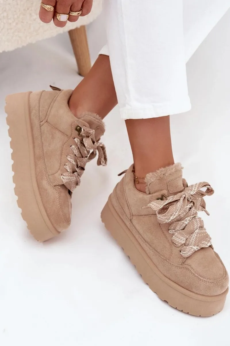 Śniegowce Damskie>Boto Sznurowane Śniegowce Damskie Na Platformie Ocieplane Futerkiem Beżowe Tavelle