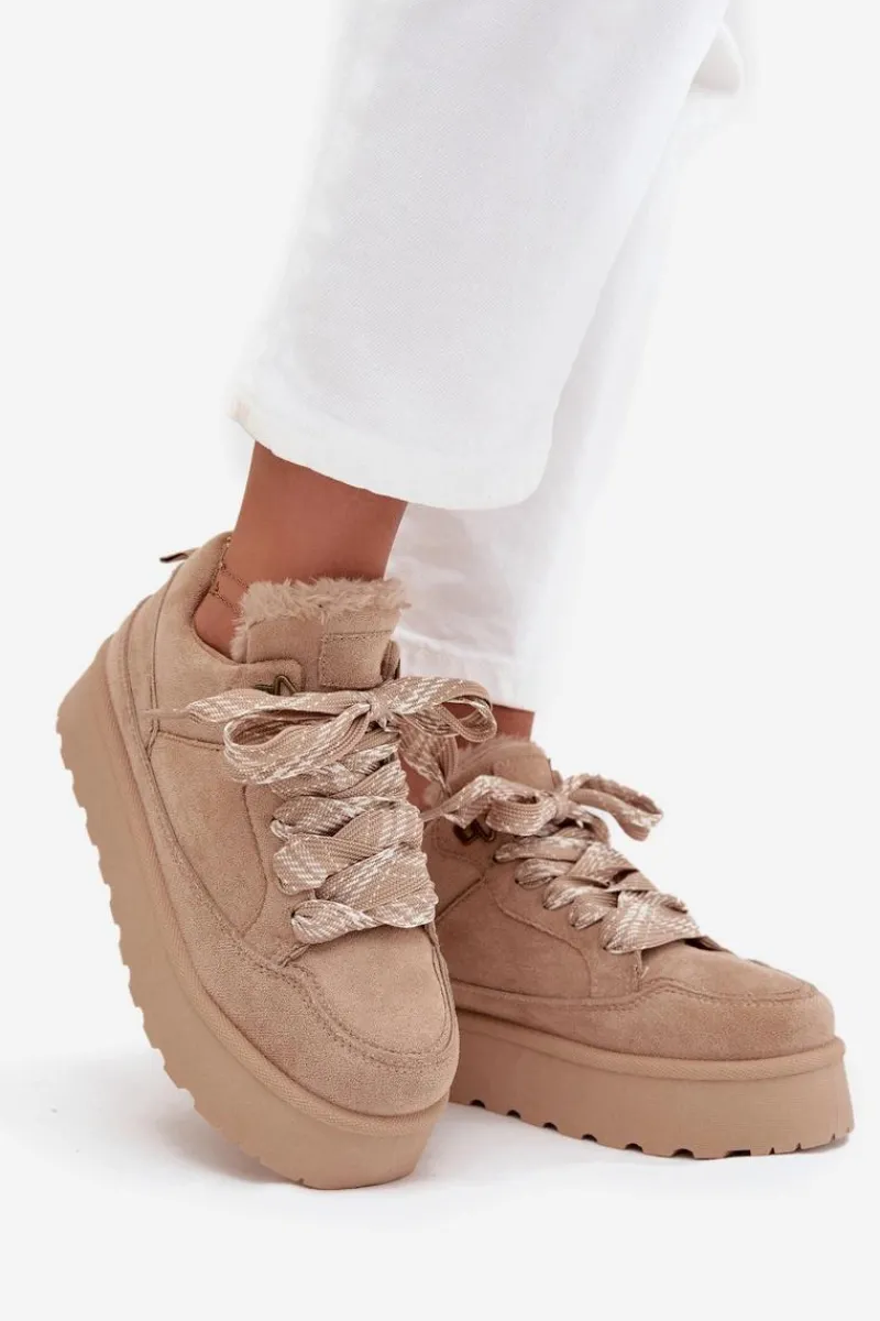 Śniegowce Damskie>Boto Sznurowane Śniegowce Damskie Na Platformie Ocieplane Futerkiem Beżowe Tavelle