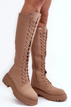 Clearance Sznurowane Ocieplane Kozaki Glany Przed Kolano Ciemnobeżowe Bergdis Damskie Kozaki Wiosenne|Kozaki Płaskie