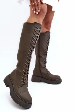 Boto Sznurowane Ocieplane Kozaki Glany Przed Kolano Ciemnozielone Bergdis