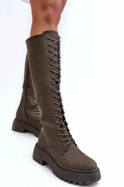 Boto Sznurowane Ocieplane Kozaki Glany Przed Kolano Ciemnozielone Bergdis
