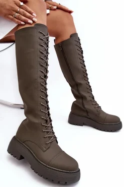 Boto Sznurowane Ocieplane Kozaki Glany Przed Kolano Ciemnozielone Bergdis