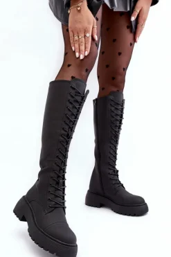 Kozaki Wiosenne|Kozaki Płaskie></noscript>Boto Sznurowane Ocieplane Kozaki Glany Przed Kolano Czarne Bergdis