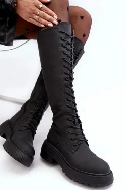 Kozaki Wiosenne|Kozaki Płaskie></noscript>Boto Sznurowane Ocieplane Kozaki Glany Przed Kolano Czarne Bergdis