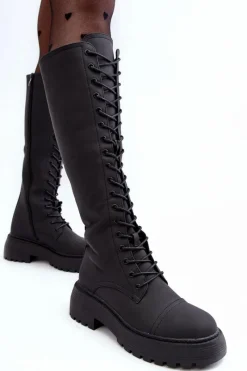 Kozaki Wiosenne|Kozaki Płaskie></noscript>Boto Sznurowane Ocieplane Kozaki Glany Przed Kolano Czarne Bergdis