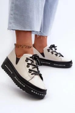 Sznurowane Półbuty Damskie Na Platformie Skóra Naturalna S.Barski LR620 Beżowe Damskie Półbuty Skórzane