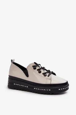 Sznurowane Półbuty Damskie Na Platformie Skóra Naturalna S.Barski LR620 Beżowe Damskie Półbuty Skórzane