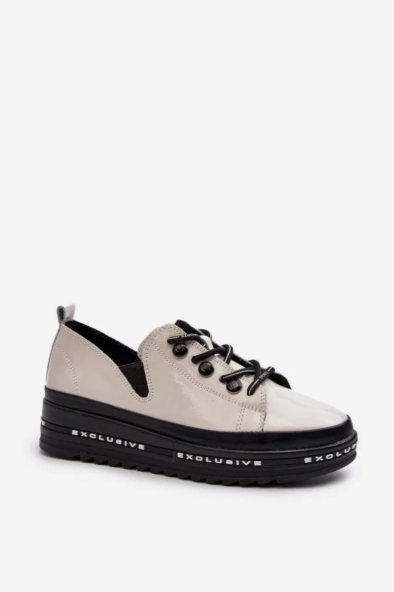 Sznurowane Półbuty Damskie Na Platformie Skóra Naturalna S.Barski LR620 Beżowe Damskie Półbuty Skórzane