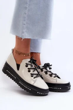 Sznurowane Półbuty Damskie Na Platformie Skóra Naturalna S.Barski LR620 Beżowe Damskie Półbuty Skórzane