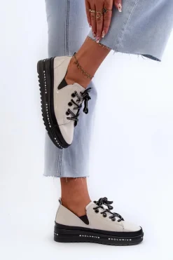 Sznurowane Półbuty Damskie Na Platformie Skóra Naturalna S.Barski LR620 Beżowe Damskie Półbuty Skórzane