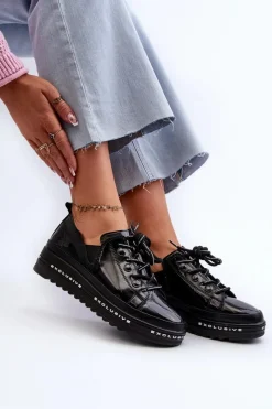 Clearance Sznurowane Półbuty Damskie Na Platformie Skóra Naturalna S.Barski LR620 Czarne Damskie Półbuty Skórzane