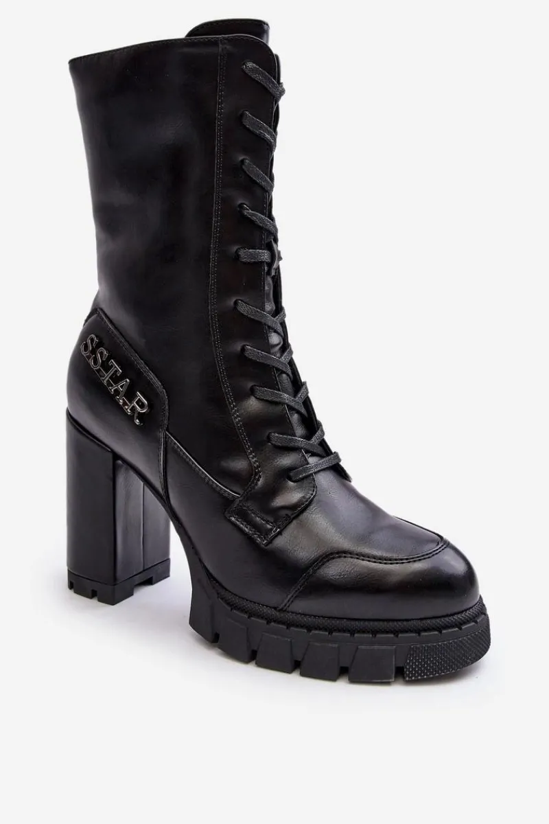 Online Boto Sznurowane Skórzane Botki Na Masywnym Słupku Czarne Khariah